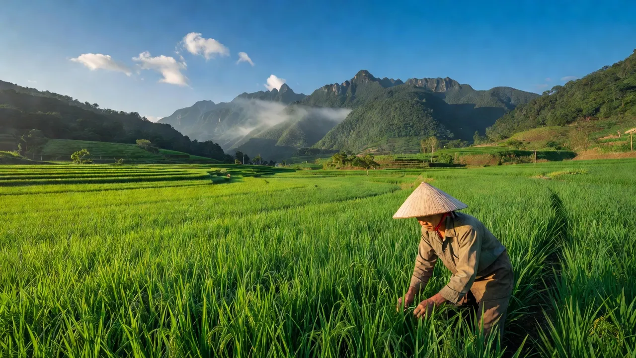 Cảnh nông thôn xã Minh Tân, huyện Bảo Yên, Lào Cai với cánh đồng xanh và núi non.
