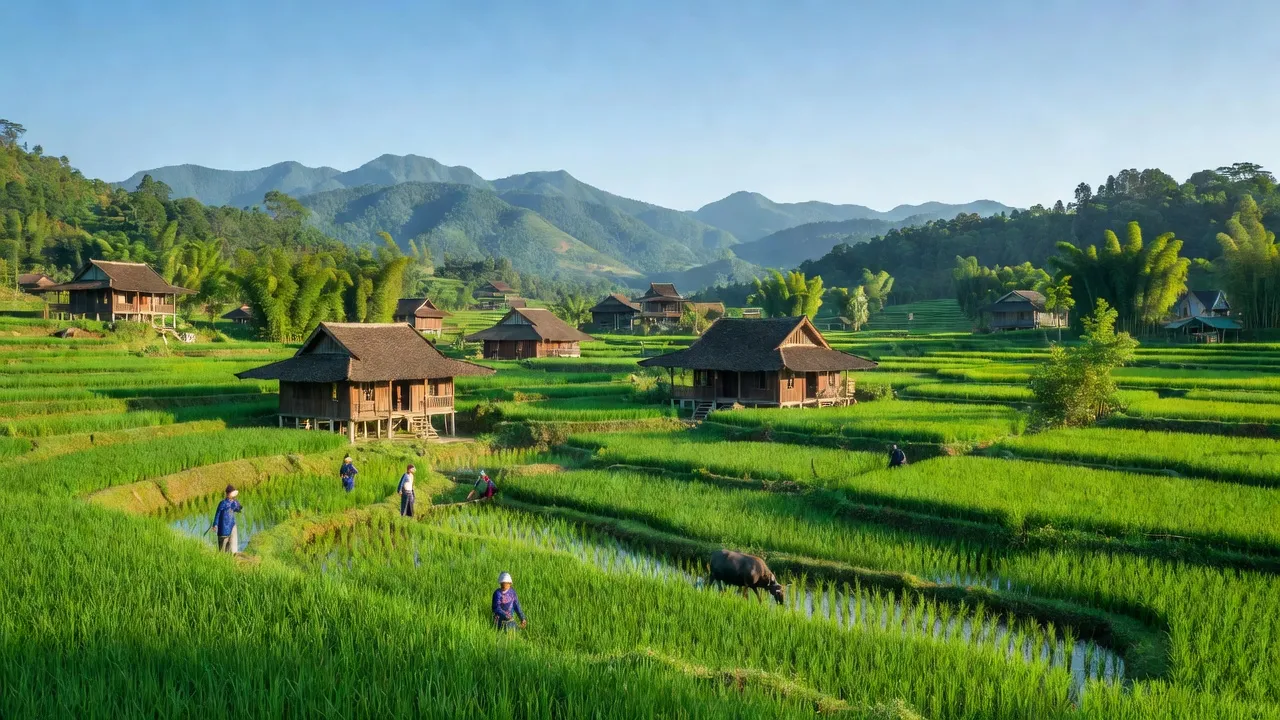 Cảnh quang tại xã Minh Tân, huyện Bảo Yên, Lào Cai với cánh đồng và núi non, cuộc sống bình yên.