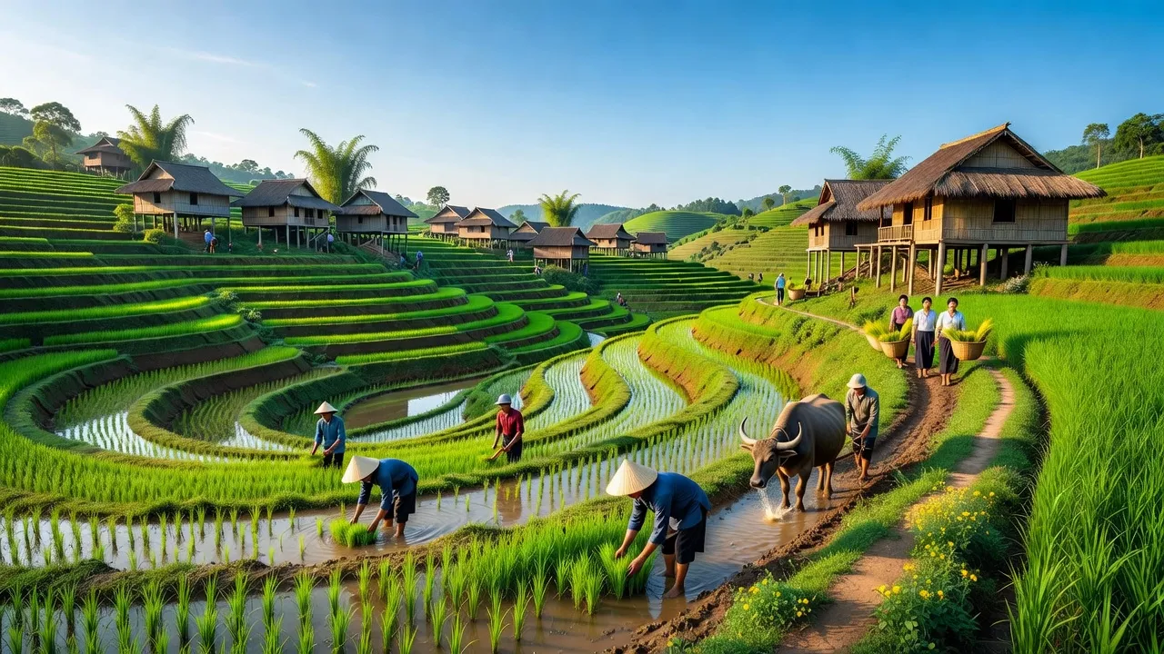 Khung cảnh đẹp của Xã Nghĩa Đô, Bảo Yên, Lào Cai với ruộng bậc thang và nhà truyền thống.