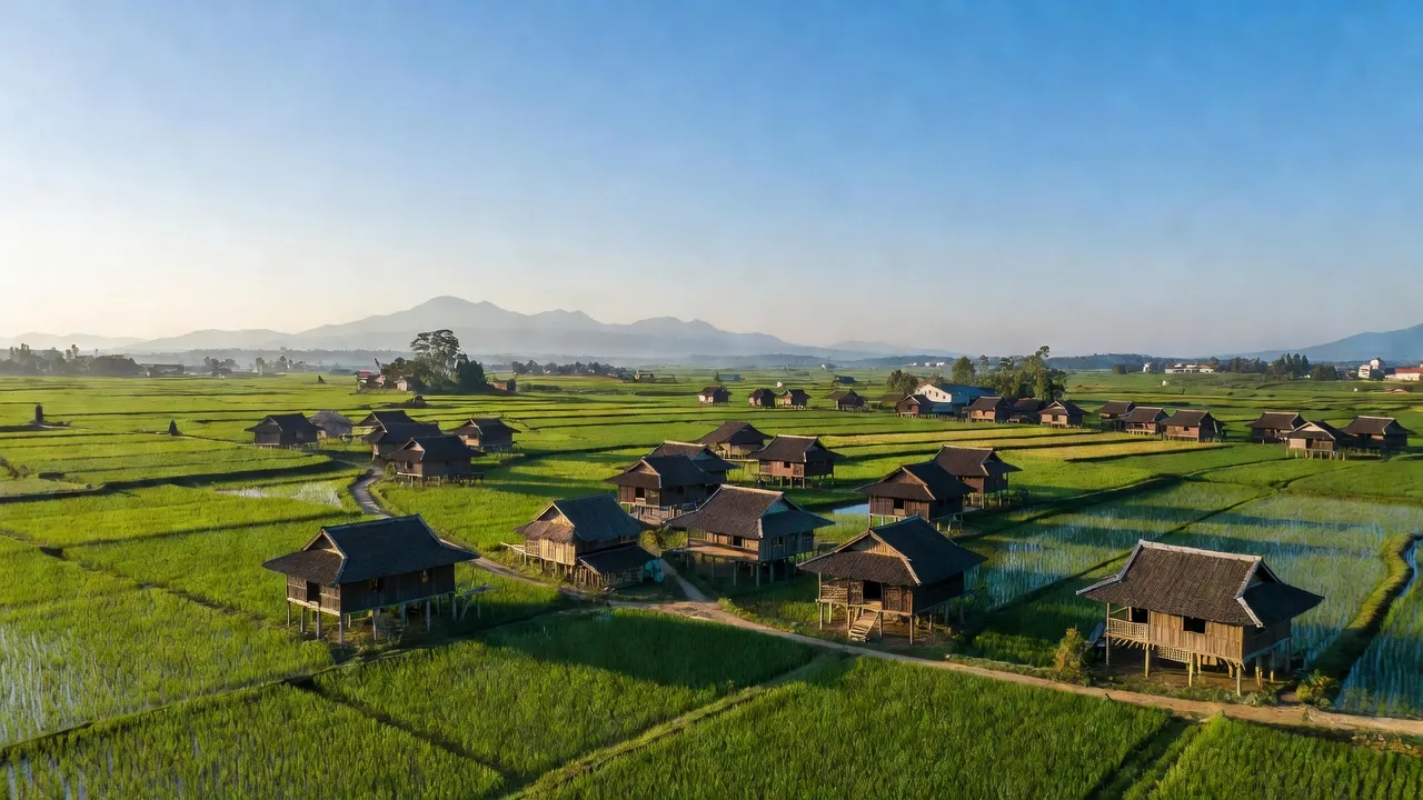 Khung cảnh yên bình tại xã Nghĩa Đô, huyện Bảo Yên, tỉnh Lào Cai với nhà truyền thống và cánh đồng xanh.