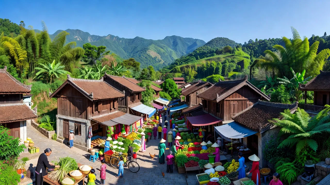 Khung cảnh Thị trấn Phố Ràng, Bảo Yên, Lào Cai với núi xanh và kiến trúc truyền thống.