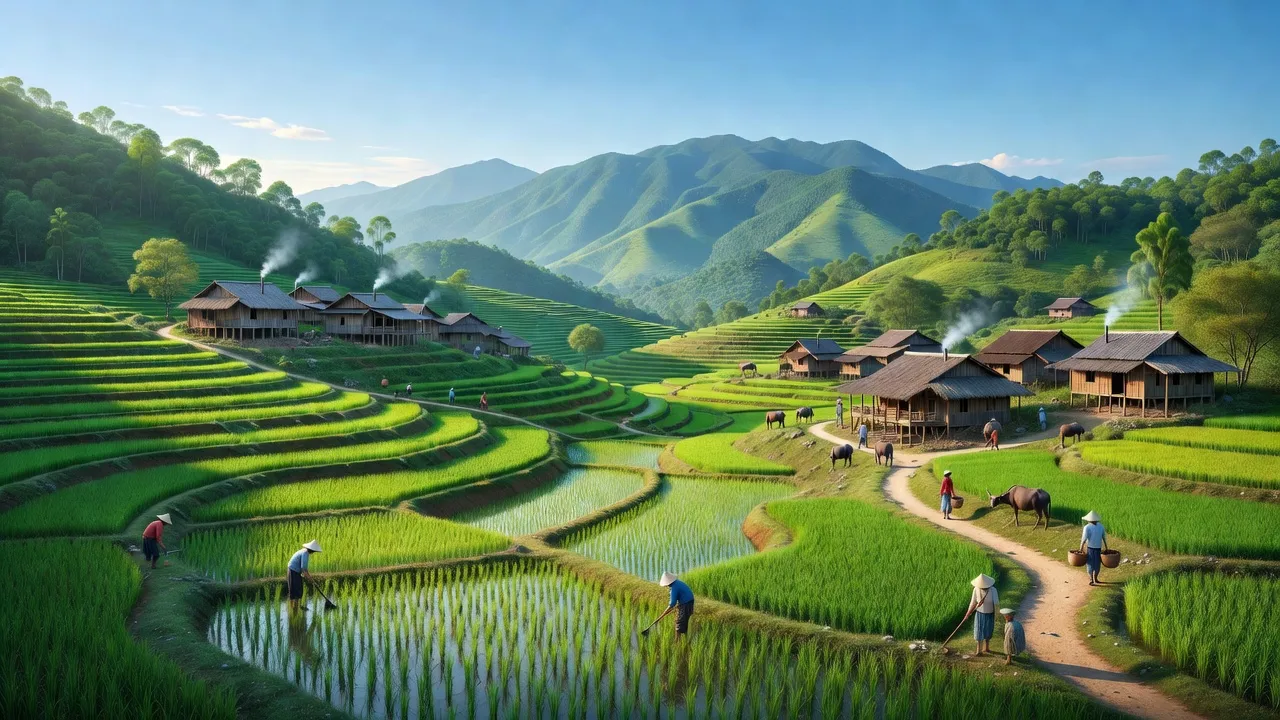 Cảnh quan nông thôn xã Phúc Khánh, huyện Bảo Yên, tỉnh Lào Cai với đồi núi và ruộng bậc thang.
