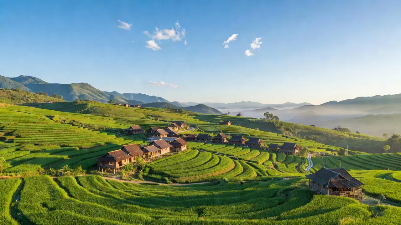 Khung cảnh xã Phúc Khánh, huyện Bảo Yên, tỉnh Lào Cai với cánh đồng xanh và nhà truyền thống.