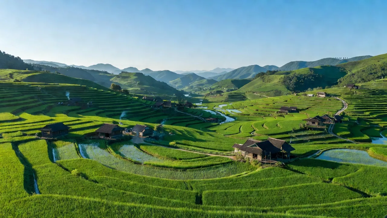 Cảnh núi non và cánh đồng xanh ở xã Tân Dương, huyện Bảo Yên, tỉnh Lào Cai, Việt Nam.