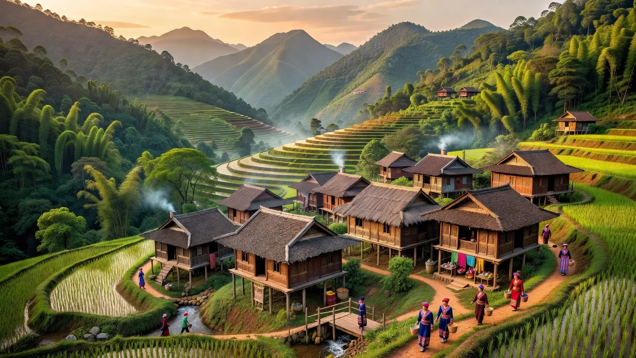 Cảnh đẹp xã Tân Tiến, huyện Bảo Yên, tỉnh Lào Cai với núi non và nhà truyền thống.