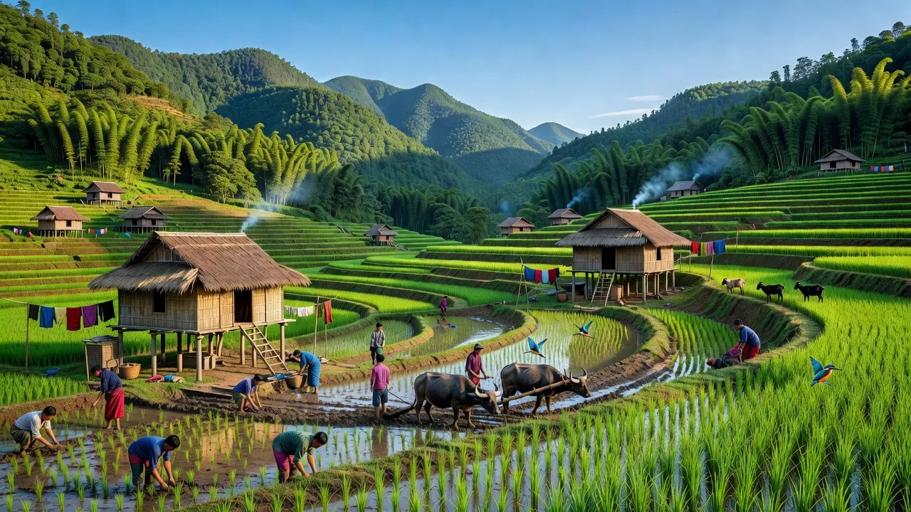 Cảnh quan xã Tân Tiến, huyện Bảo Yên, Lào Cai với núi non và nhà sàn truyền thống.