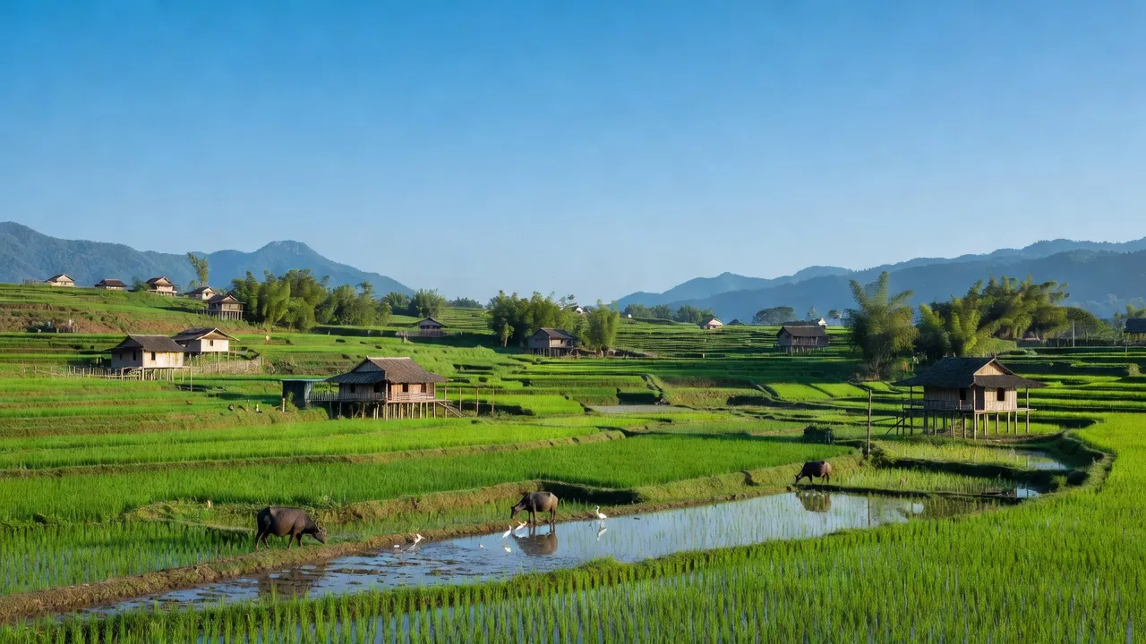 Cảnh đẹp xã Thượng Hà, huyện Bảo Yên, Lào Cai với cánh đồng và nhà sàn truyền thống.