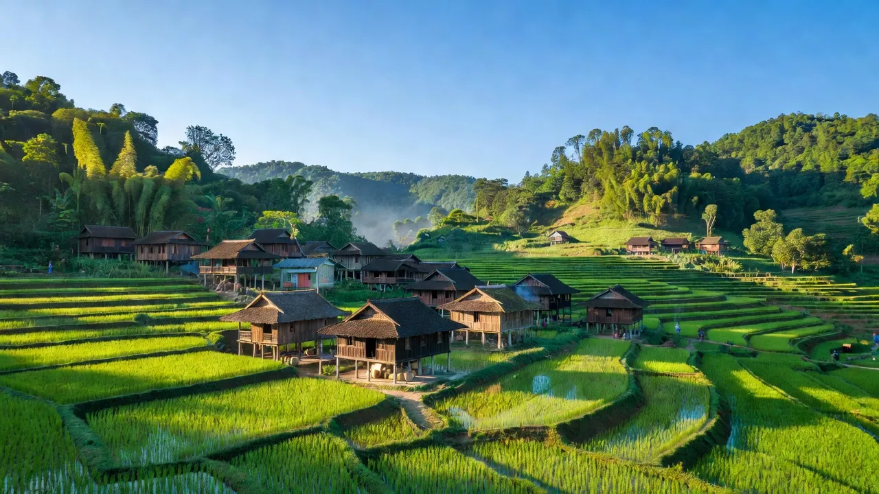 Khung cảnh Xã Thượng Hà, huyện Bảo Yên, tỉnh Lào Cai với cánh đồng xanh và nhà truyền thống.