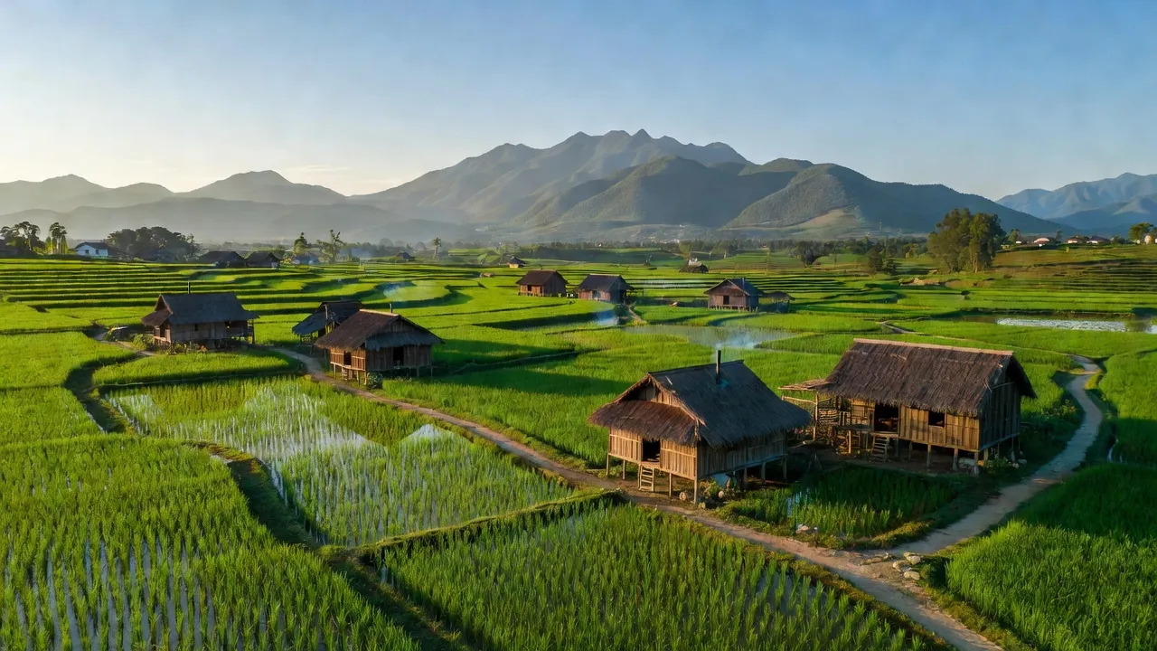 Cảnh làng Việt Tiến, Bảo Yên, Lào Cai với cánh đồng xanh và núi xa.
