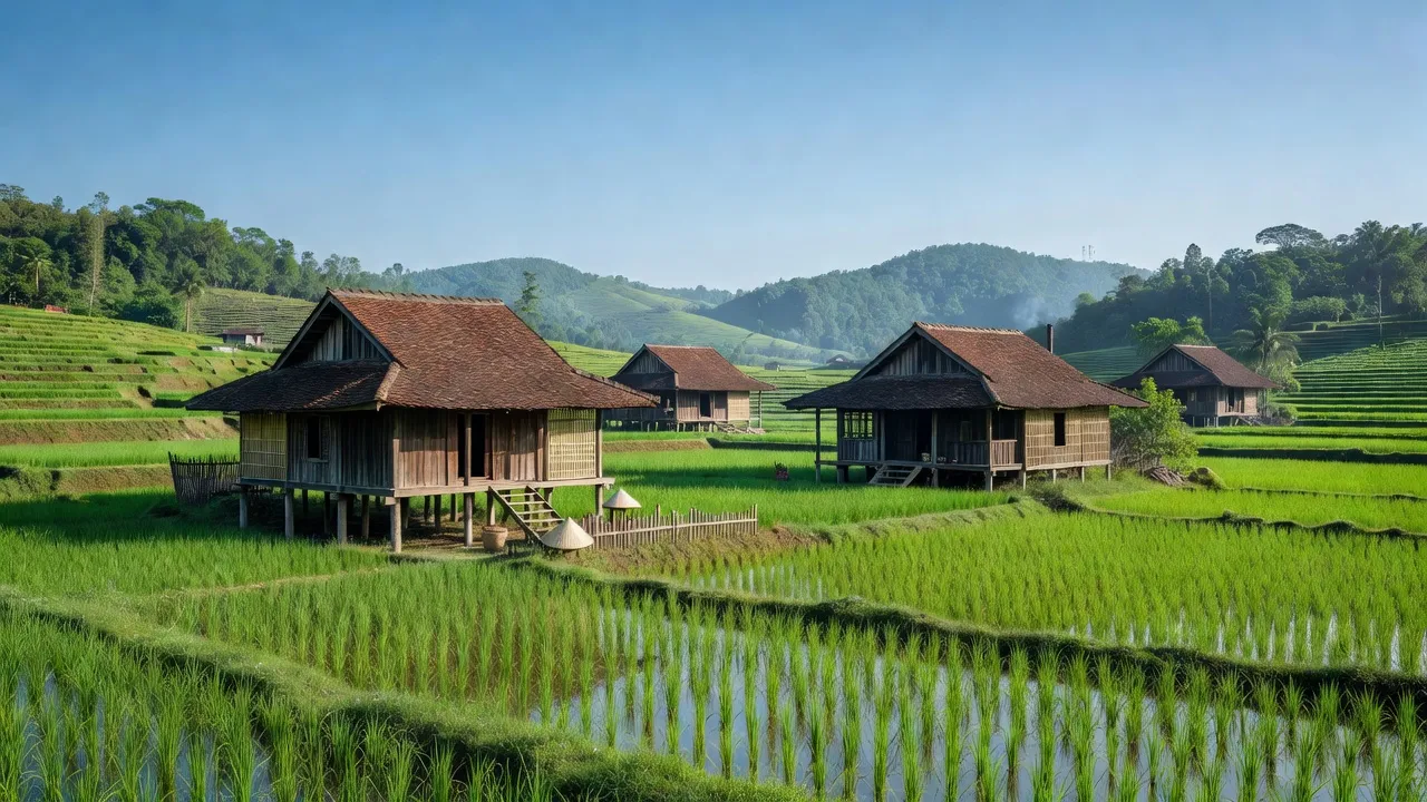 Khung cảnh nông thôn Xã Việt Tiến, Lào Cai với nhà truyền thống và cánh đồng xanh biếc.