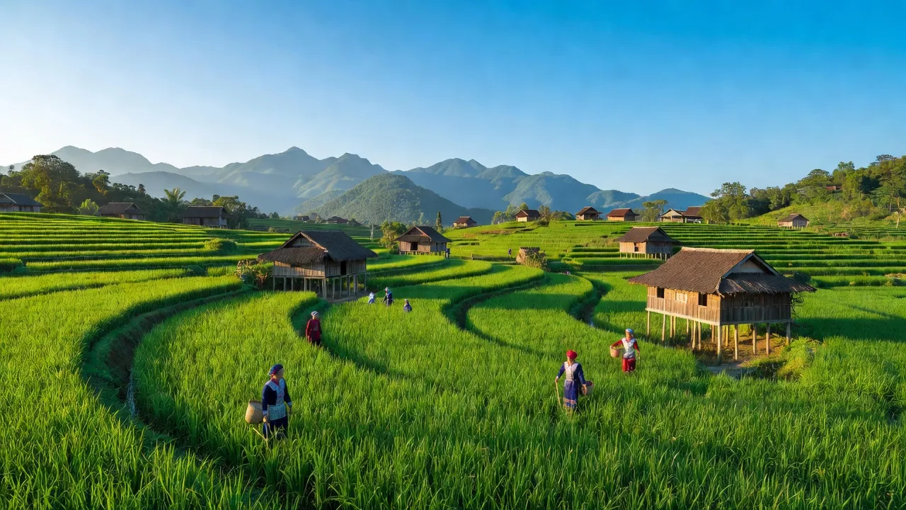 Khung cảnh Xã Vĩnh Yên với đồng lúa xanh tươi, nhà truyền thống và núi non tuyệt đẹp.
