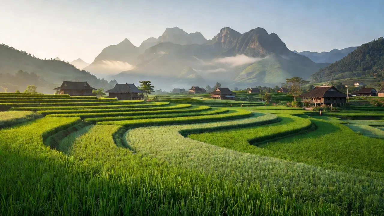 Phong cảnh xã Vĩnh Yên, Bảo Yên, Lào Cai với cánh đồng xanh và núi non hùng vĩ.