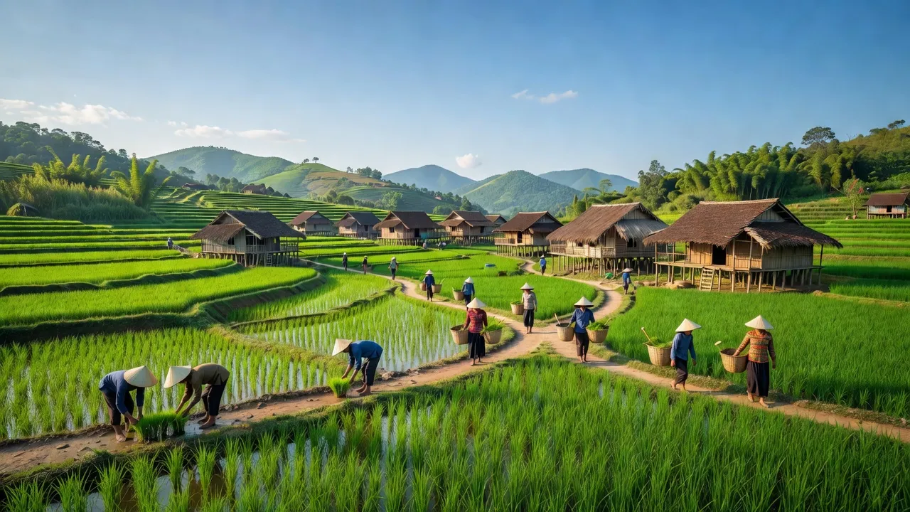 Cảnh đẹp xã Xuân Thượng, huyện Bảo Yên, Lào Cai với cánh đồng xanh và đồi núi thấp.