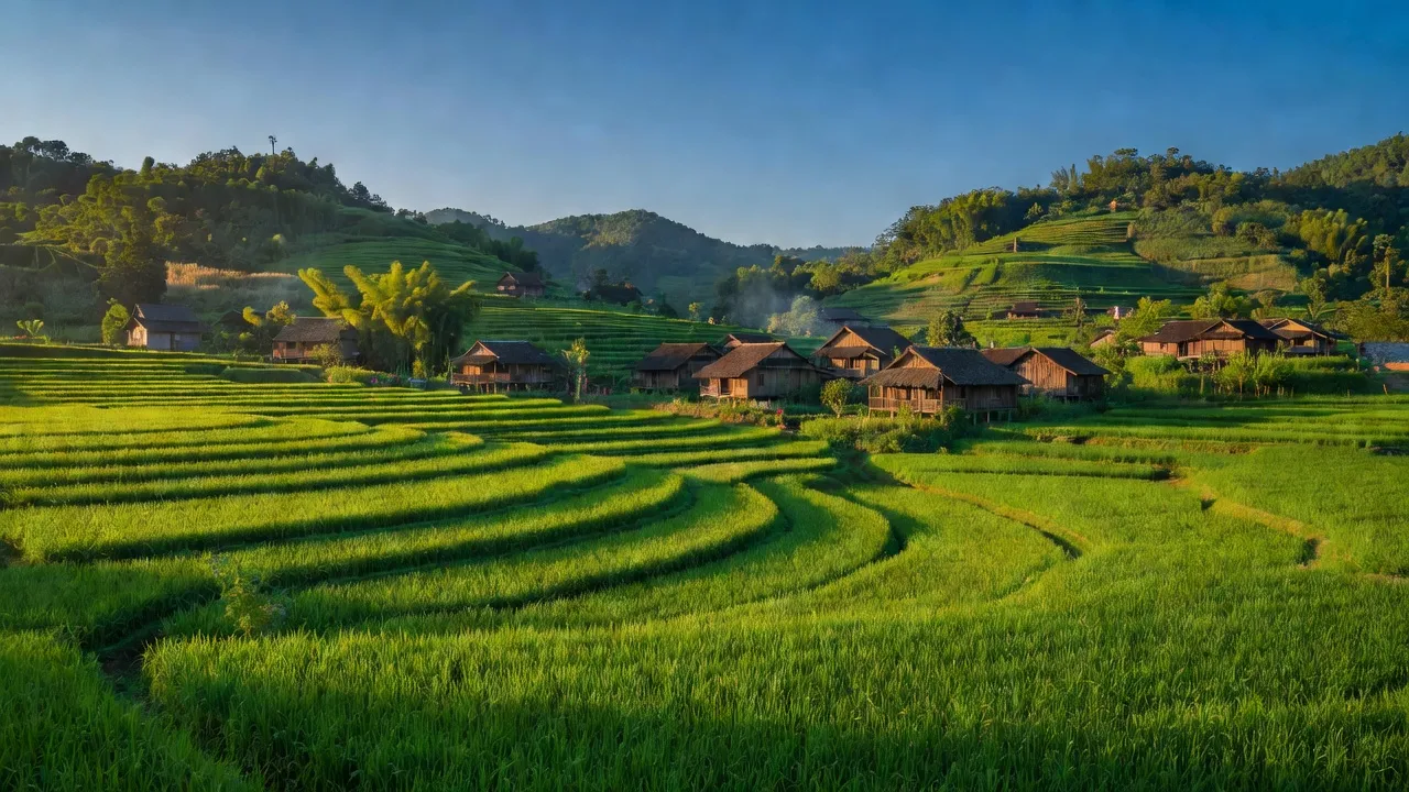 Cảnh quan xã Xuân Thượng, huyện Bảo Yên, Lào Cai với ruộng xanh và nhà truyền thống.