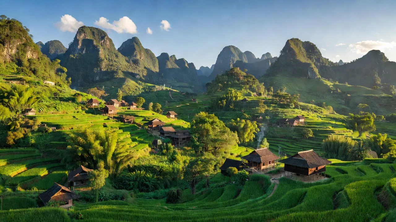 Cảnh đẹp huyện Bát Xát, Lào Cai với núi non xanh, nhà dân tộc thiểu số, và bầu trời trong.
