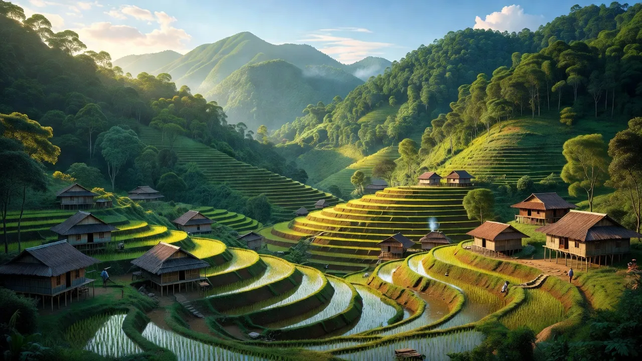 Phong cảnh A Lù, Bát Xát, Lào Cai với ruộng bậc thang, núi rừng và nhà dân tộc.