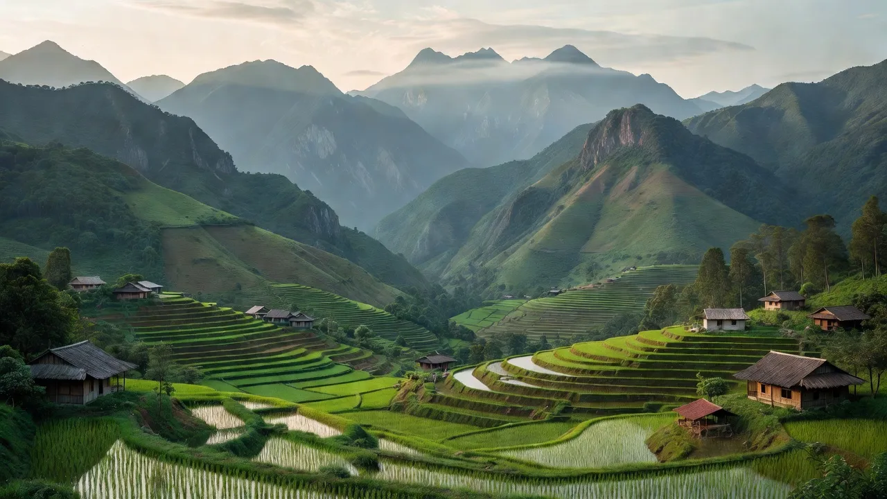 Phong cảnh xã A Lù, Bát Xát, Lào Cai với núi non hùng vĩ và đồng ruộng xanh tươi.