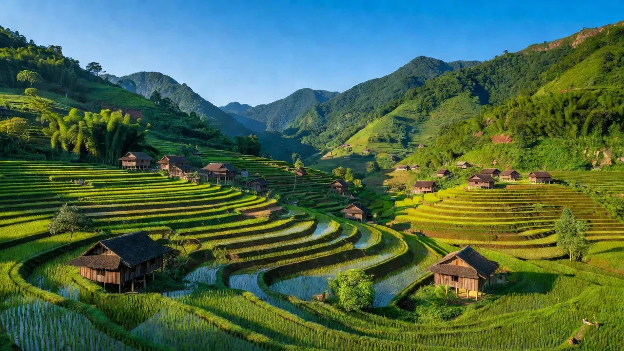 Cảnh quan Xã A Mú Sung, Bát Xát, Lào Cai với ruộng bậc thang và nhà sàn truyền thống.