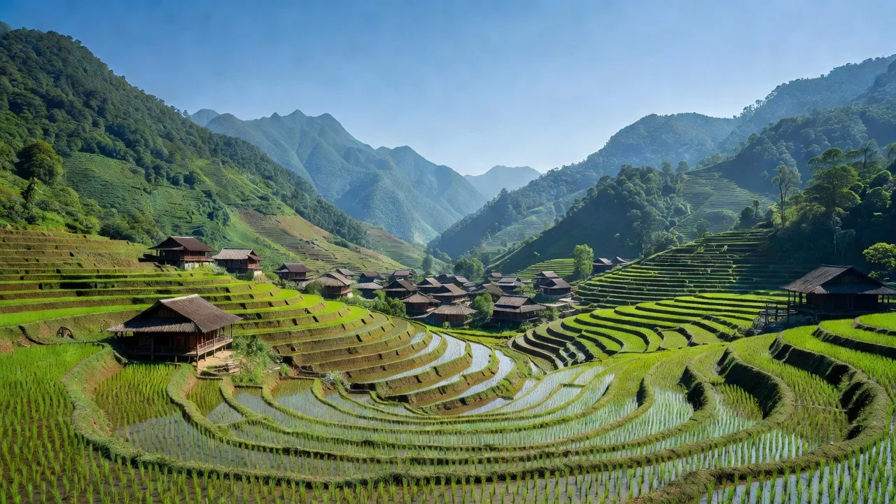 Khung cảnh thơ mộng xã Bản Qua, Bát Xát, Lào Cai với nhà truyền thống và ruộng bậc thang.