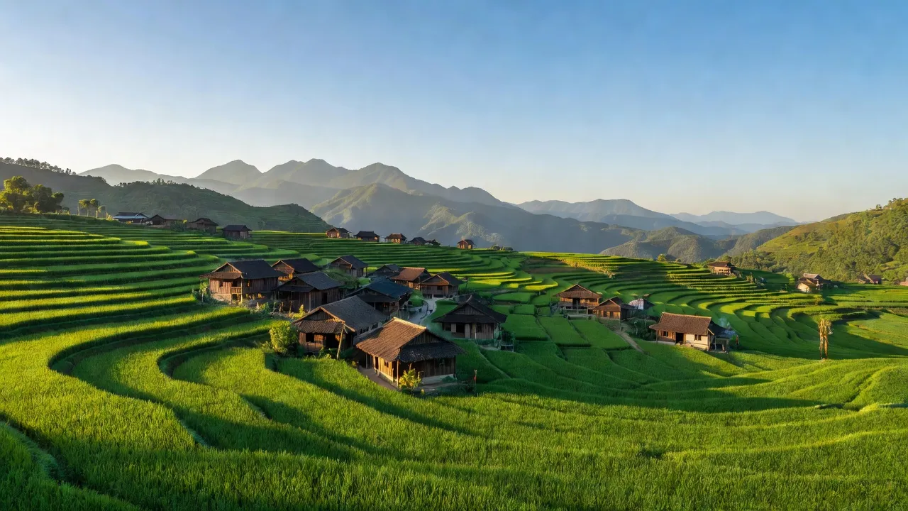 Toàn cảnh xã Bản Qua, huyện Bát Xát, Lào Cai, với ruộng bậc thang xanh tươi dưới bầu trời trong xanh.