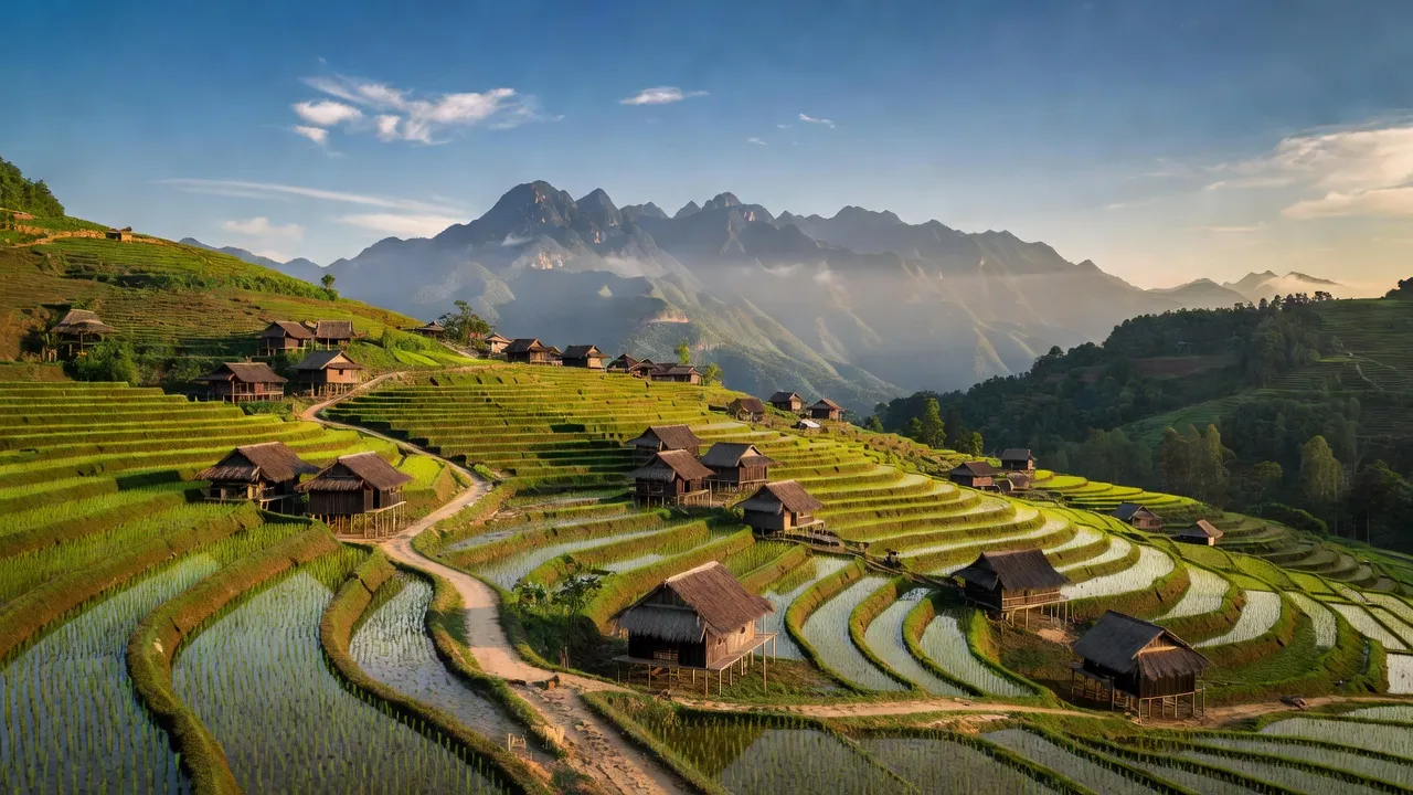 Cảnh đẹp xã Bản Vược, huyện Bát Xát, Lào Cai với ruộng bậc thang và núi non hùng vĩ.
