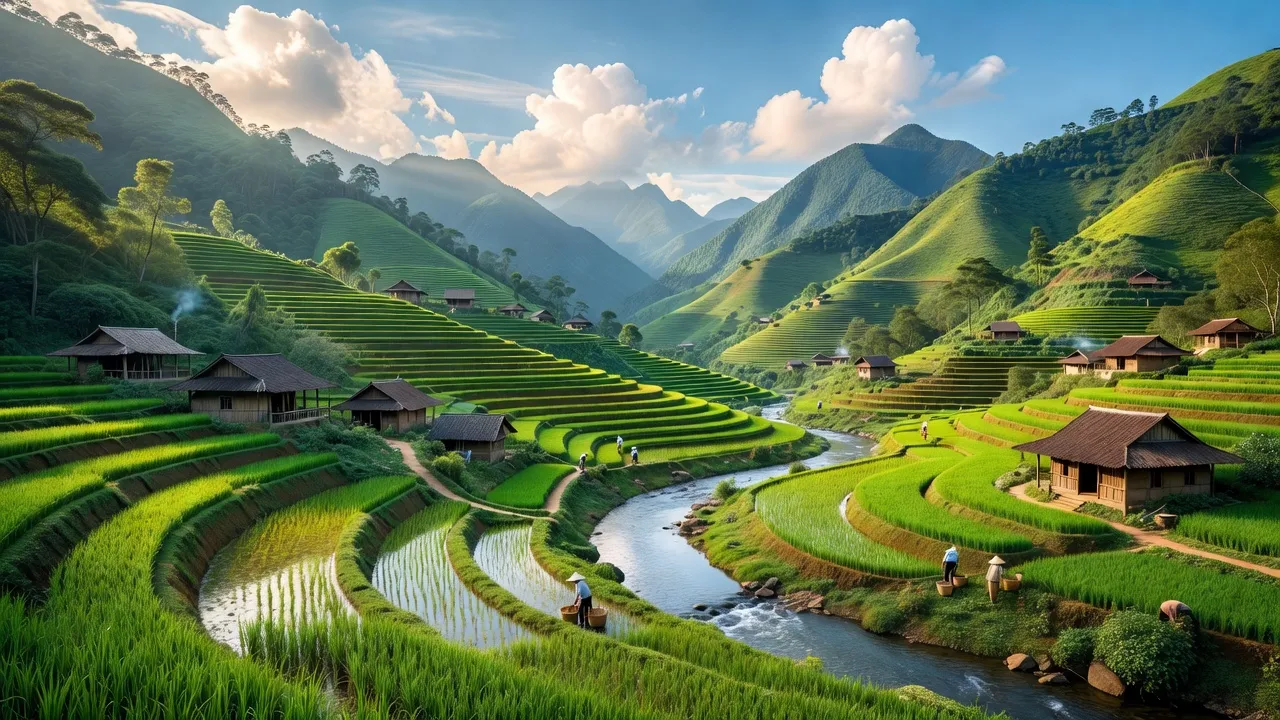 Cảnh đẹp Xã Bản Vược, huyện Bát Xát, tỉnh Lào Cai với cánh đồng xanh và sông Hồng.