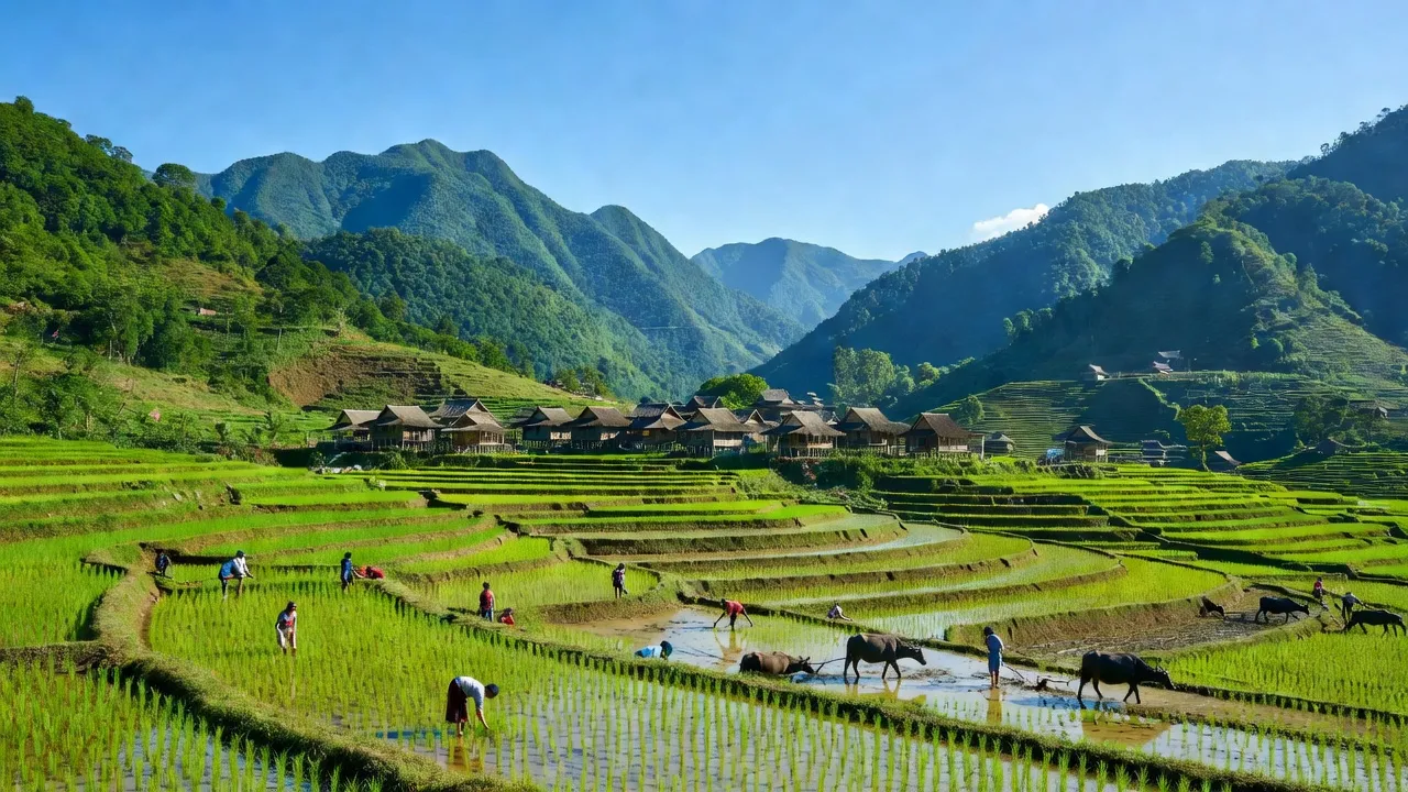 Cảnh quan Xã Bản Xèo, huyện Bát Xát, Lào Cai với núi xanh và nhà truyền thống
