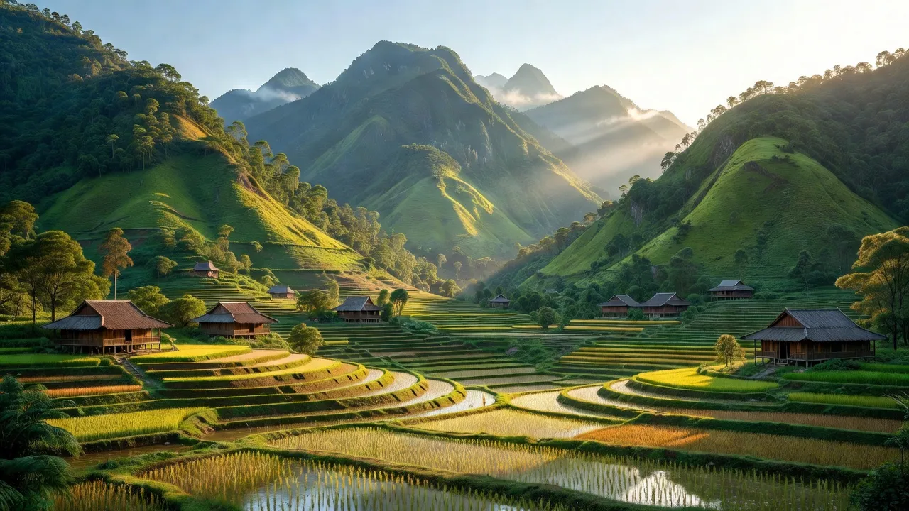 Phong cảnh Xã Bản Xèo, huyện Bát Xát, tỉnh Lào Cai với núi xanh và đồng ruộng nông nghiệp.