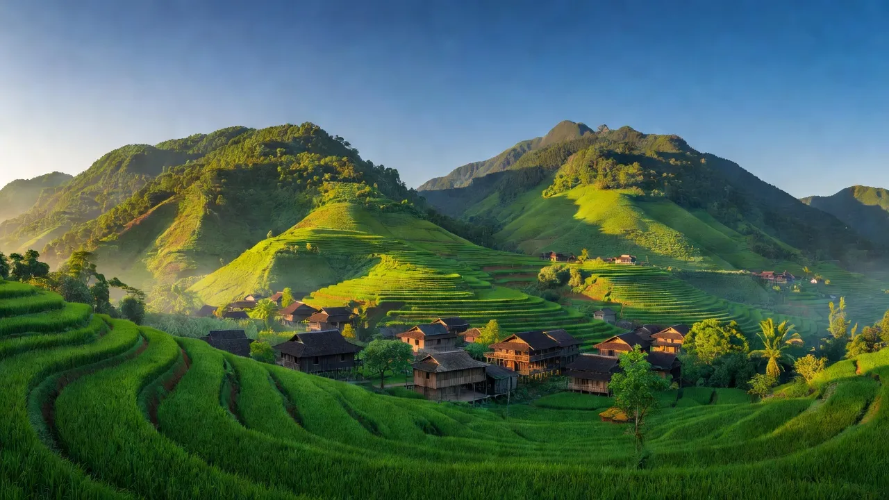 Cảnh thiên nhiên Xã Cốc Mỳ, Huyện Bát Xát, với đồi núi và thôn bản truyền thống, thời tiết đẹp.