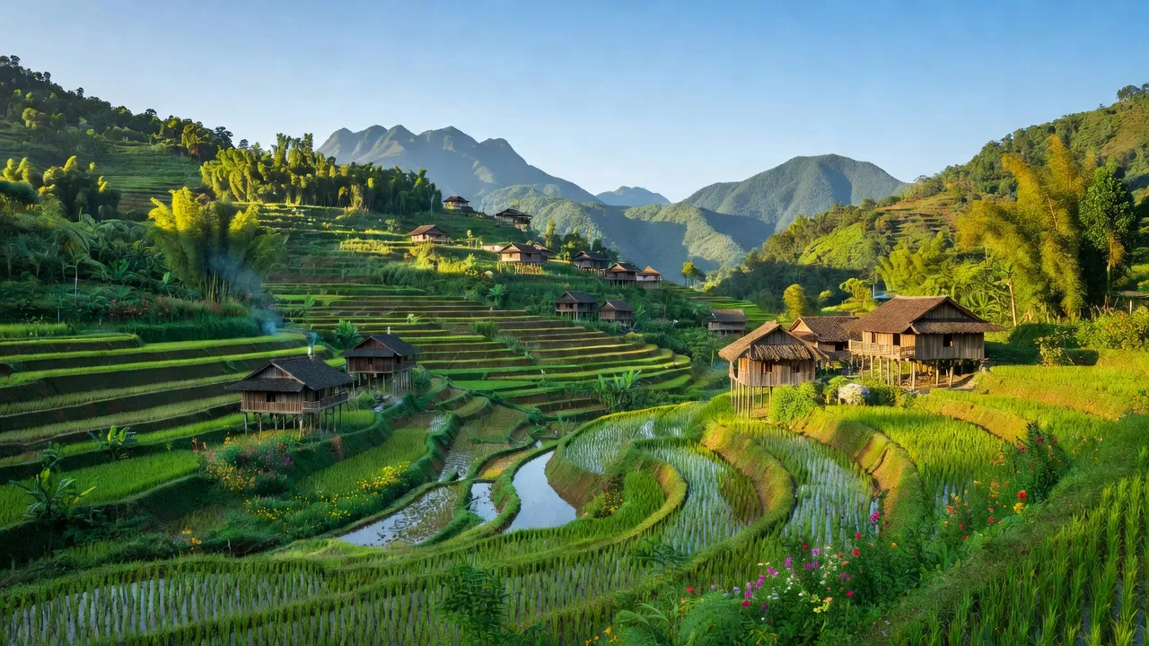 Phong cảnh thiên nhiên tươi đẹp tại Xã Dền Sáng, Huyện Bát Xát, Tỉnh Lào Cai với cánh đồng ruộng bậc thang.