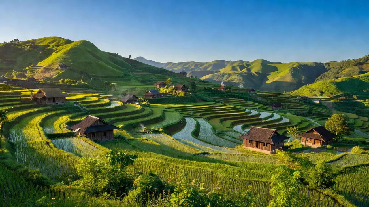 Xã Dền Sáng, huyện Bát Xát, Lào Cai với cảnh đồi núi, ruộng bậc thang và nhà gỗ truyền thống.