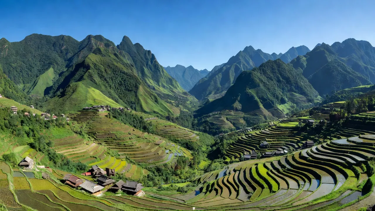 Khung cảnh xanh tươi tại xã Dền Thàng, huyện Bát Xát, Lào Cai, với núi cao và đồng ruộng.