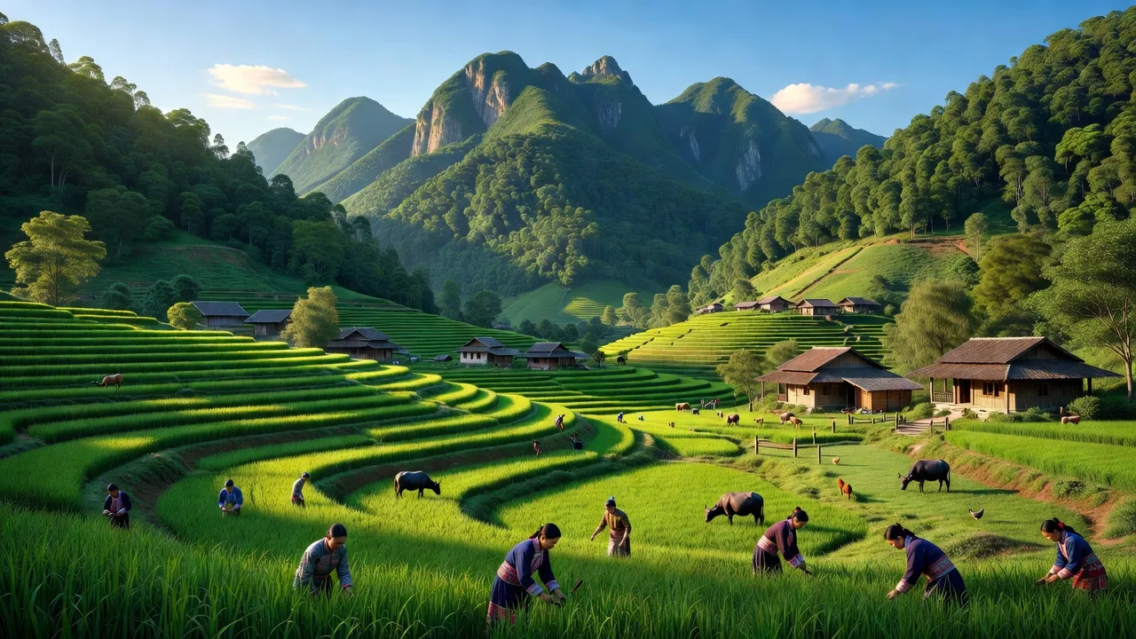 Vẻ đẹp tự nhiên xã Dền Thàng, Bát Xát, Lào Cai với núi, thung lũng và cuộc sống nông nghiệp.