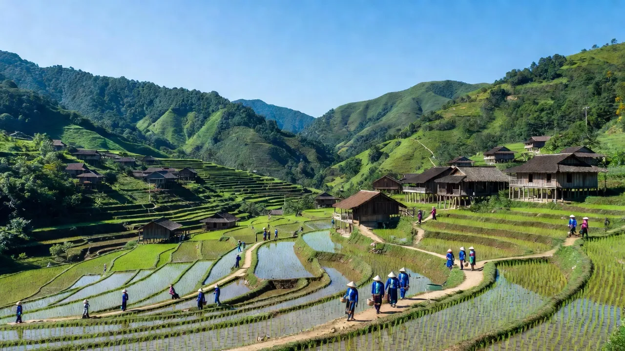 Khung cảnh xã Nậm Chạc, huyện Bát Xát, với đồi núi xanh và cuộc sống nông thôn tươi đẹp.