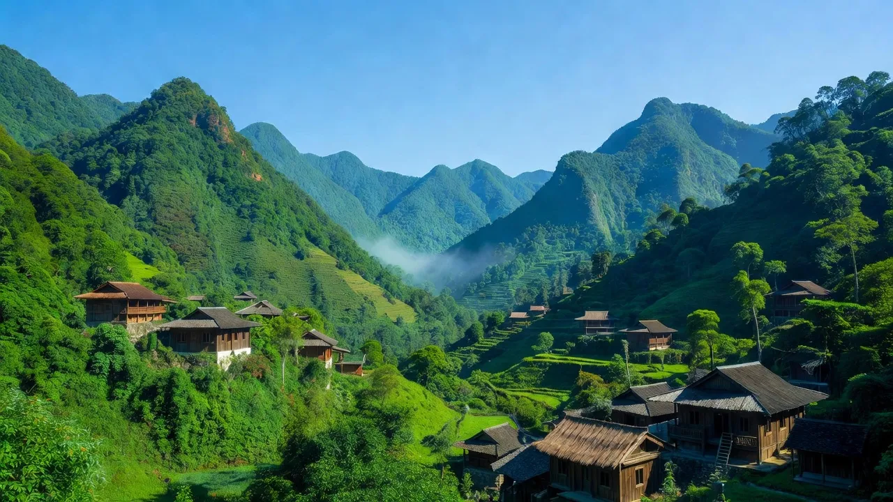 Cảnh quan Xã Nậm Pung, huyện Bát Xát, tỉnh Lào Cai với núi non xanh tươi và nhà gỗ truyền thống.
