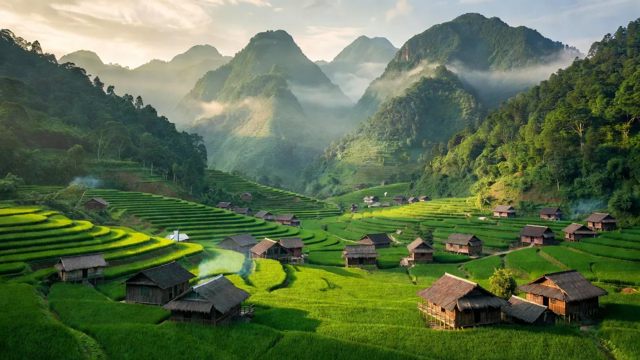 Cảnh quan xã Phìn Ngan, huyện Bát Xát, Lào Cai với núi và cánh đồng xanh, truyền thống nông thôn