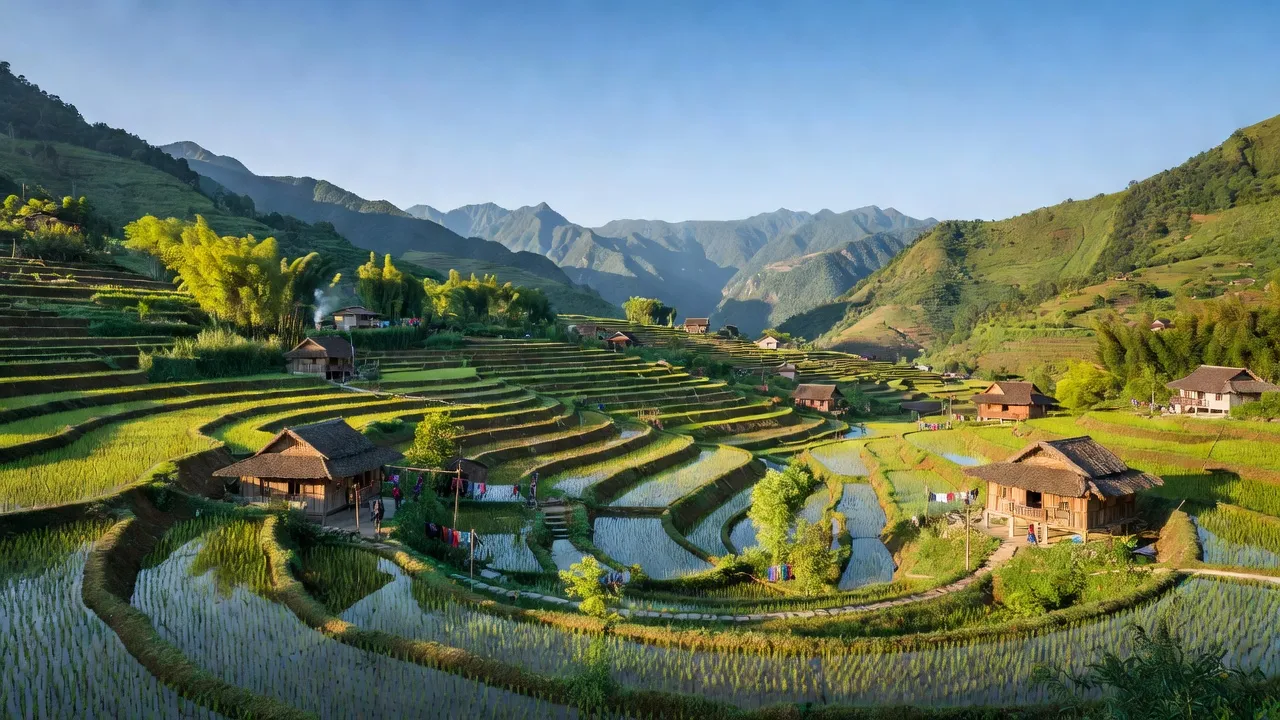 Cảnh đẹp xã Quang Kim, huyện Bát Xát, tỉnh Lào Cai với ruộng bậc thang và nhà truyền thống.