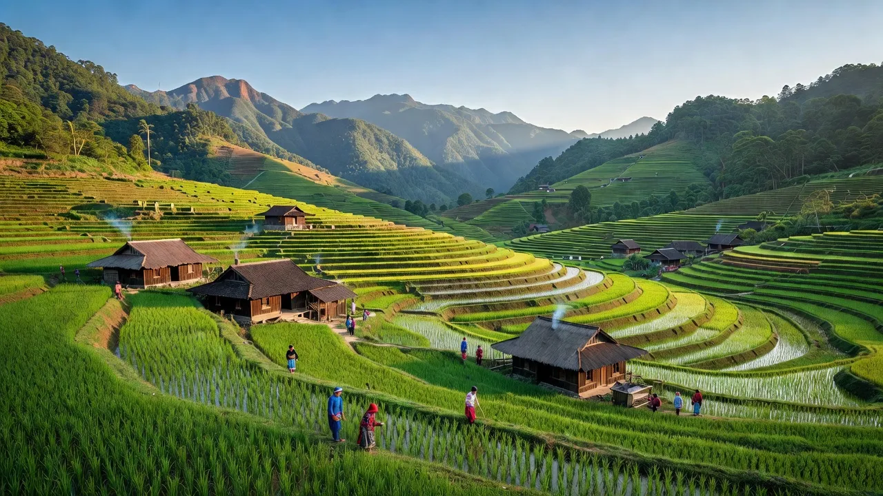 Phong cảnh xã Quang Kim, huyện Bát Xát, Lào Cai với ruộng bậc thang và bản làng yên bình.