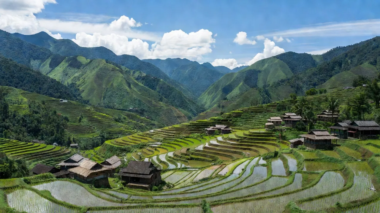 Khung cảnh Sàng Ma Sáo, Lào Cai với núi non xanh tươi và nhà dân tộc H'Mông.