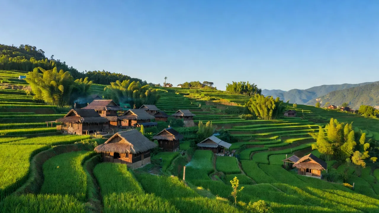 Cảnh đẹp xã Tòng Sành huyện Bát Xát Lào Cai với đồi xanh và nhà truyền thống.