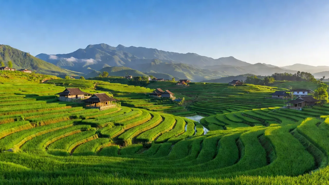 Cảnh đẹp xã Trịnh Tường, huyện Bát Xát, tỉnh Lào Cai với ruộng bậc thang và núi non.