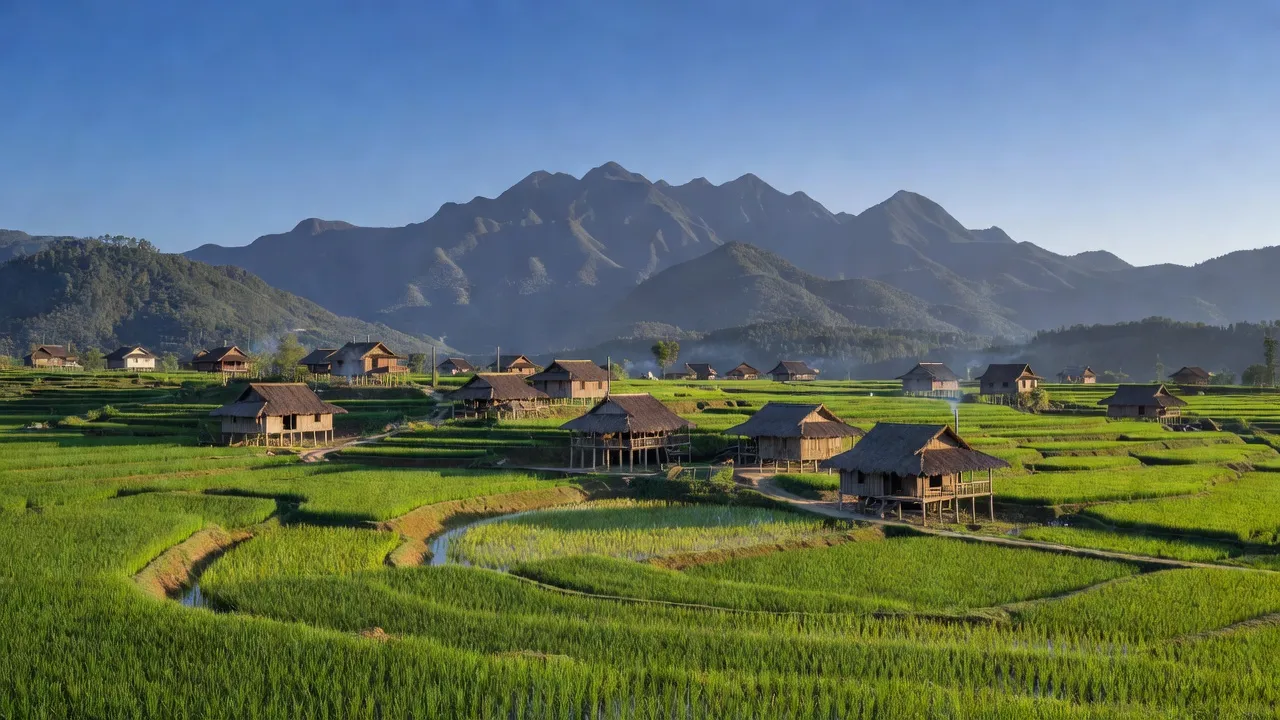Cảnh quan Xã Cốc San, Lào Cai với cánh đồng, nhà truyền thống và núi non hùng vĩ.