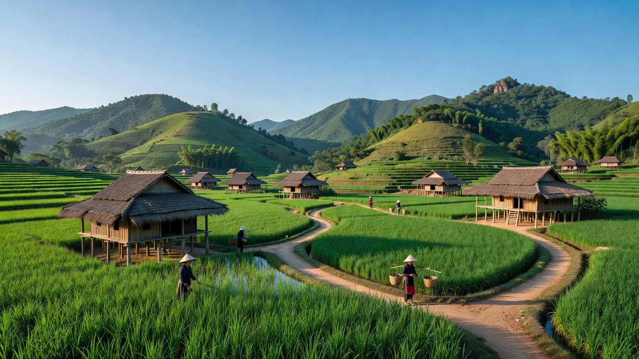 Khung cảnh yên bình ở xã Cốc San, Lào Cai, với cánh đồng xanh, nhà truyền thống và đồi núi.