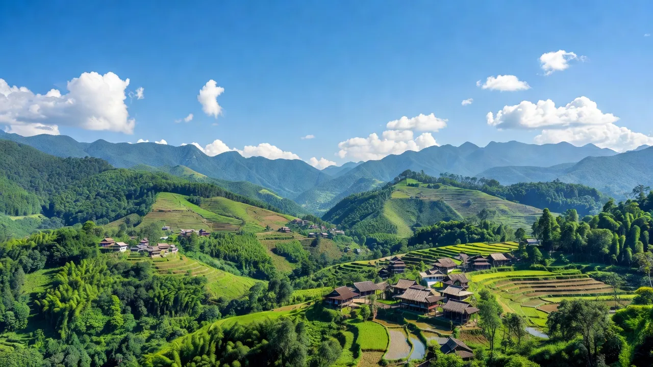 Cảnh đẹp huyện Mường Khương, Lào Cai với núi đồi và nhà truyền thống, không khí trong lành.