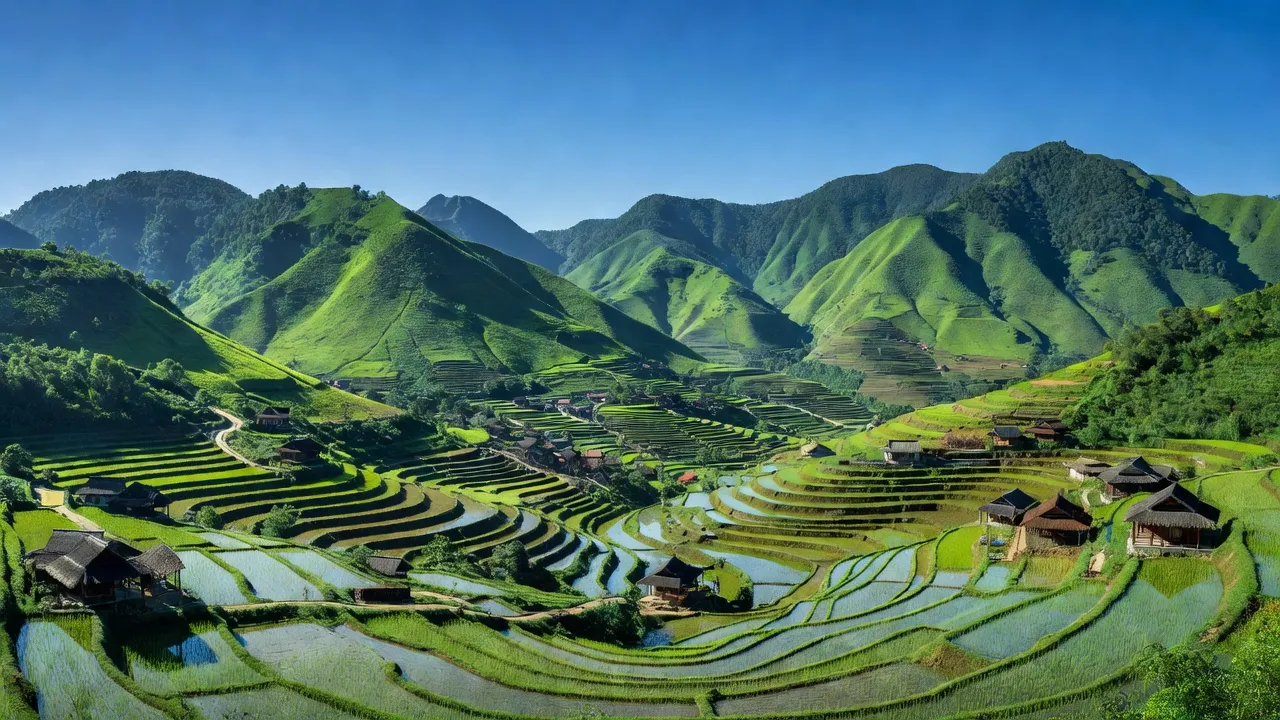 Khung cảnh huyện Mường Khương, Lào Cai với núi xanh, ruộng bậc thang và nhà truyền thống.