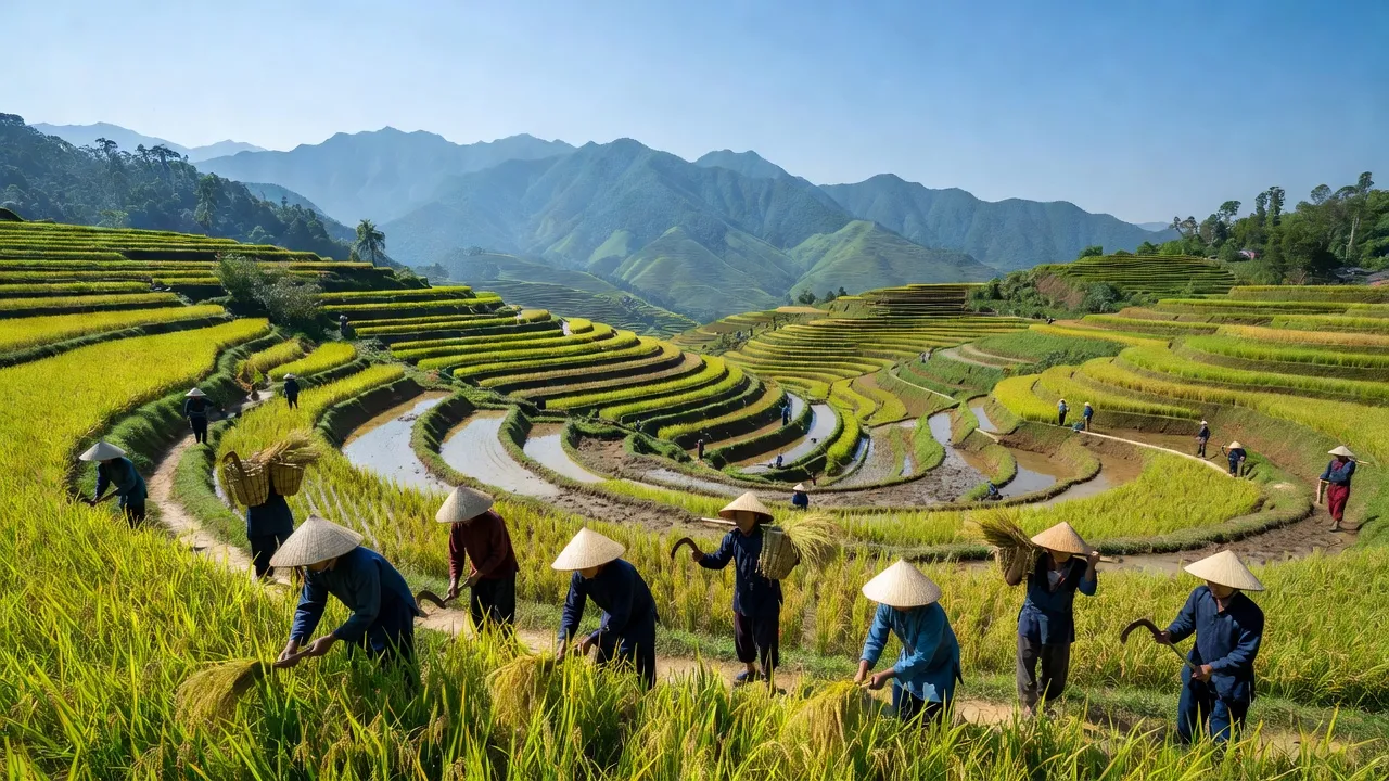 Cánh đồng lúa Xã Bản Lầu, Huyện Mường Khương, tỉnh Lào Cai vào mùa thu hoạch.
