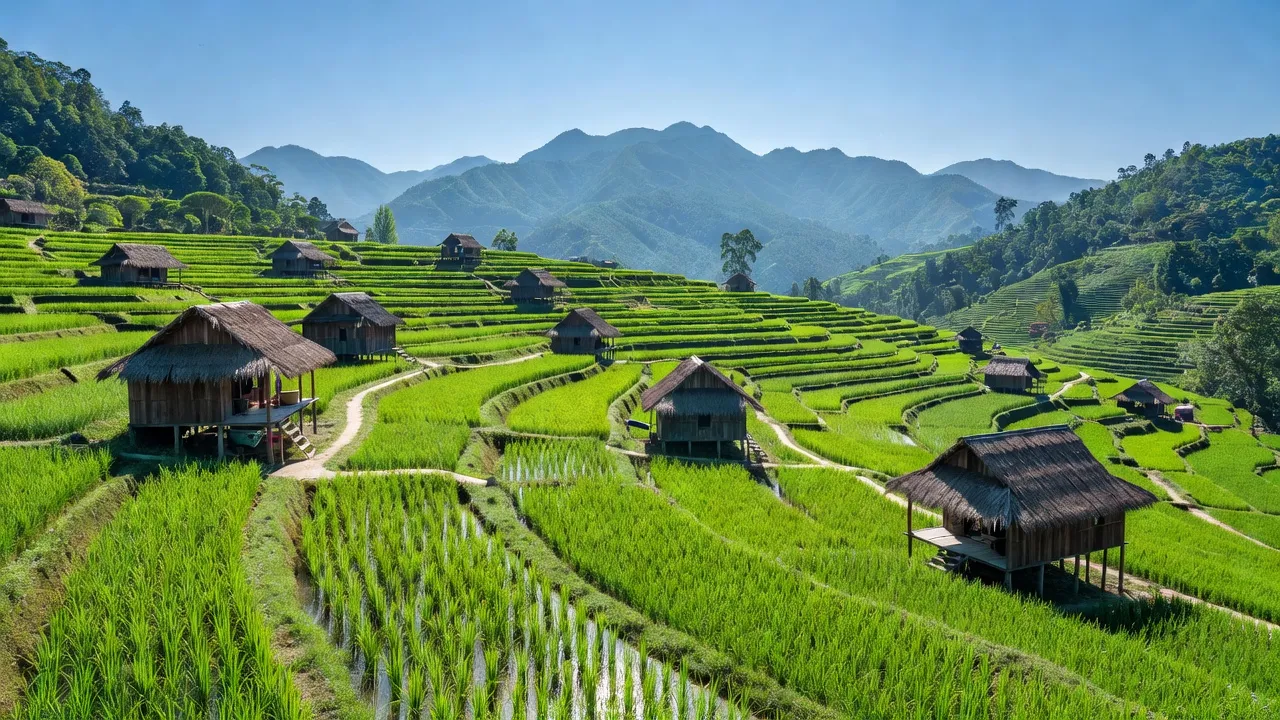 Khung cảnh đẹp của xã Bản Lầu, huyện Mường Khương, tỉnh Lào Cai với cánh đồng lúa và nhà sàn