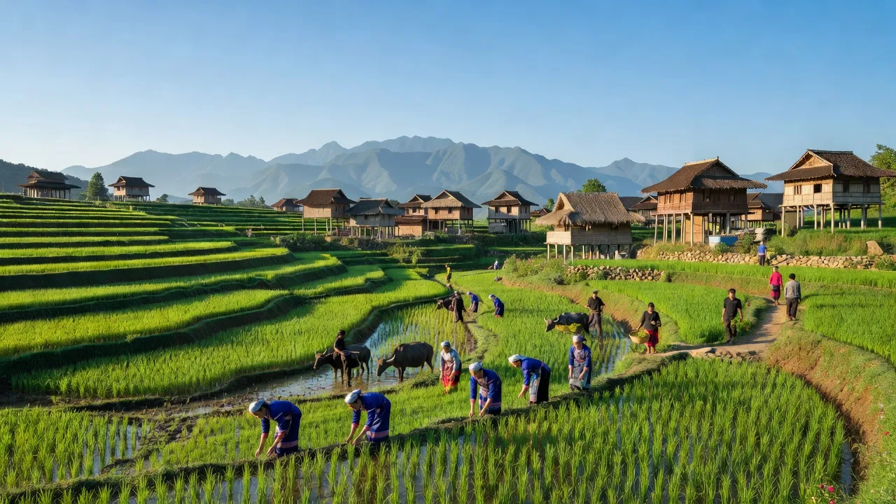 Bản Sen village in Mường Khương, Lào Cai with green rice fields and traditional rural landscape.