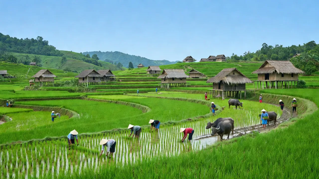 Cảnh đẹp Xã Bản Sen, Mường Khương, Lào Cai với đồng ruộng xanh và nhà truyền thống.