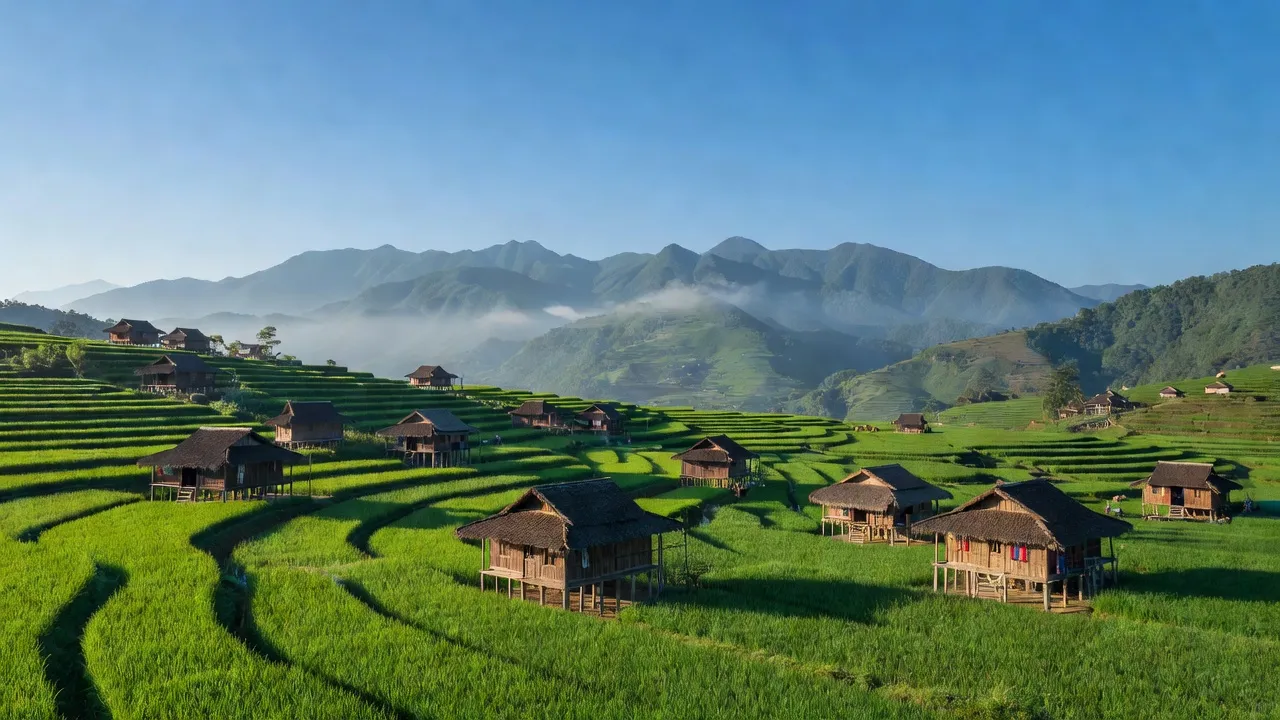 Phong cảnh xã Cao Sơn huyện Mường Khương Lào Cai, cánh đồng xanh và nhà sàn văn hóa dân tộc.
